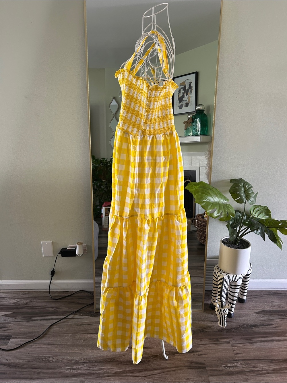 Yellow Gingham Maxi Dress with Smocked Bodice - Picture 5 of 7